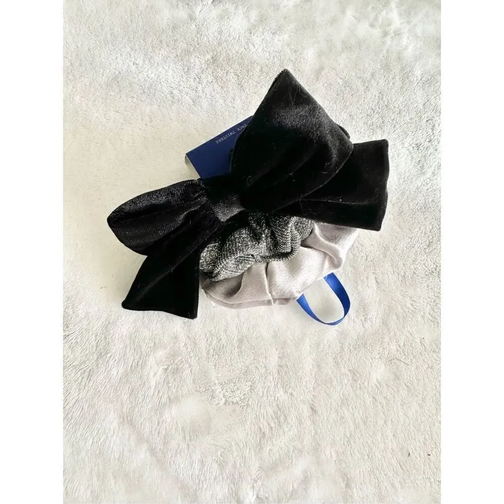 Set of three hair scrunchies black velvet bow, silver, glitter, & silver satin -